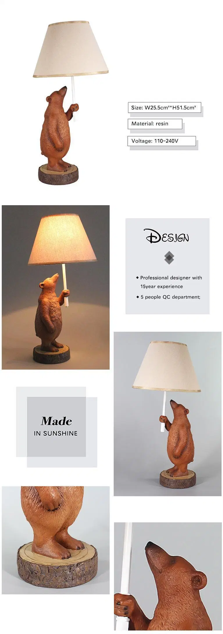 Creative Brown Bear Polyresin Fancy Bedroom Table Desk Lamp